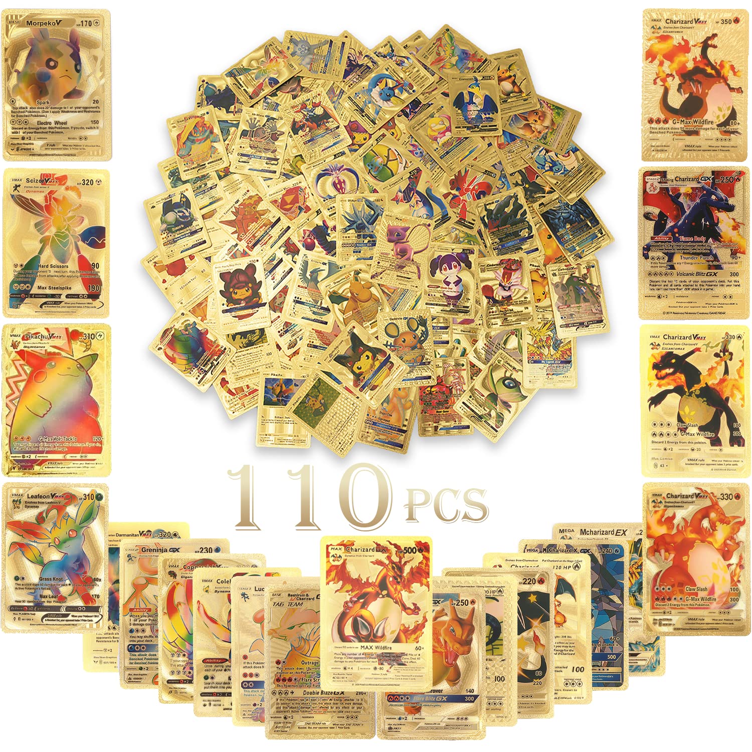 110PCS English Pokemon Gold Card Pack Vmax V GX EX DX Box Charizard Pikachu TAG COSPLAY Rare Collection Battle Cards Children Toys Gift Anime Party Birthday Gifts