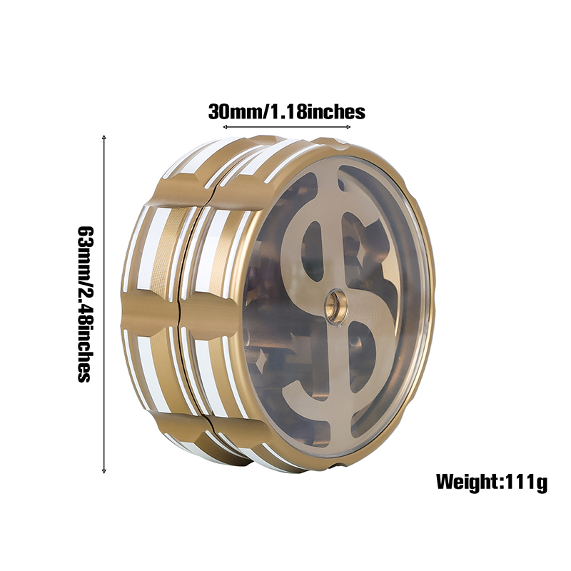 Şeffaf kapak dolar desen bitki taşlama alüminyum alaşım sigara öğütücü aksesuarları 4 renk