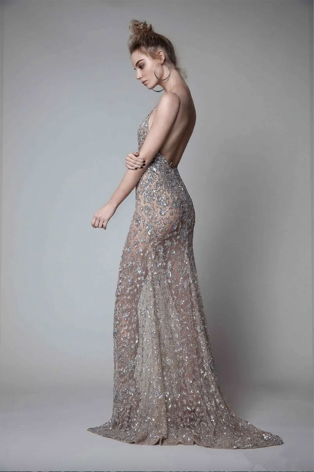 New Rhinestones 소매 소매 플래닝 목선 무도회 드레스 백 바닥 길이 공식 이브닝 가운 Berta Front Split Evening Dresses
