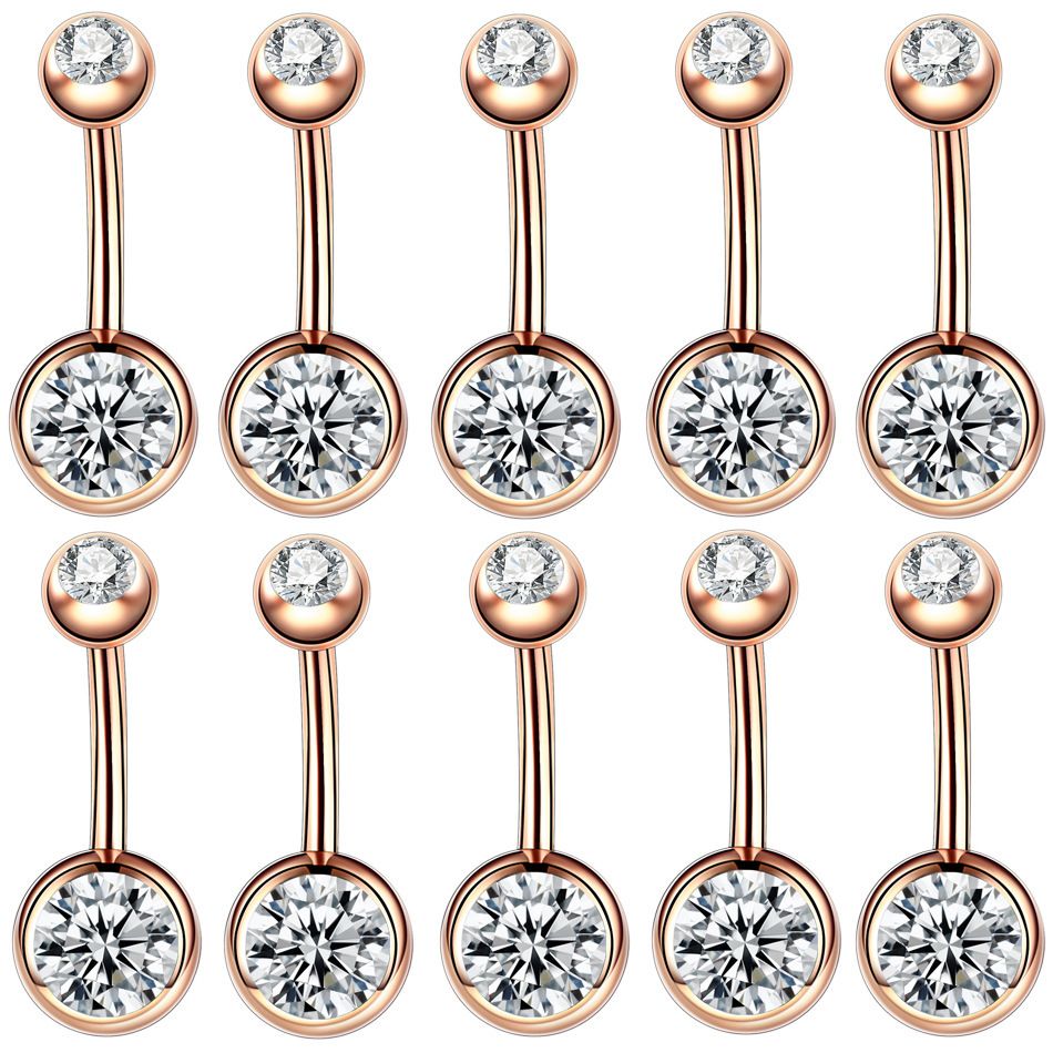 Rose golden Belly Button Rings Navel Piercing Bar Double Crystal Head Stainless Steel Cubic Zirconia Stone Body Jewelry 