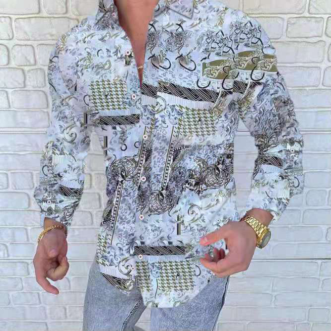 Fashion Print Mens T Shirts Printing Designer Pattern Long Sleeve Leisure Loose Male T-Shirt High Street Clothing Button up Top 3XL Plus Size Hombre Blouse