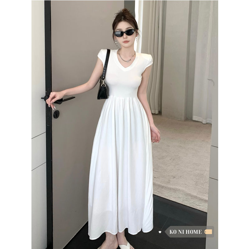 Women's short sleeve v-neck casual dresses slim high waist maxi long vestidos solid color