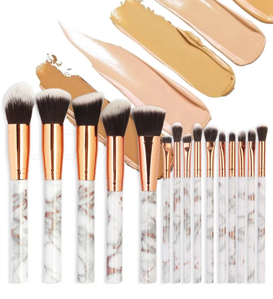 Marmeren make -upborstels set poeder foundation oogschaduw wenkbrauw wimpers lip make -up borstel kits gereedschap met make -uptas 15 stcs /set