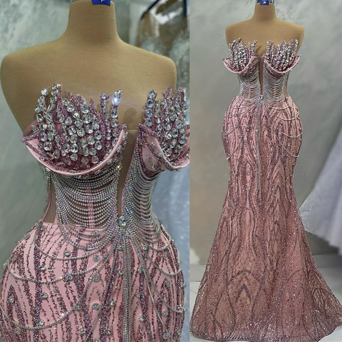 Aso Ebi 2023 Arabe Sirène Cristaux Robe De Bal Rose Paillettes Dentelle Soirée Formelle Deuxième Réception Anniversaire Robes De Fiançailles Robes Robe De Soirée SH030