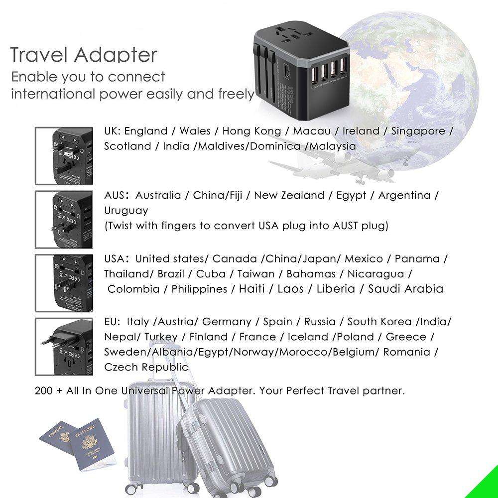 Adattatori 4USB Adattatore di viaggio universale di tipo C Adattatore di potenza universale tappi da viaggio Convertitore US US UK UK Au Travel Charger