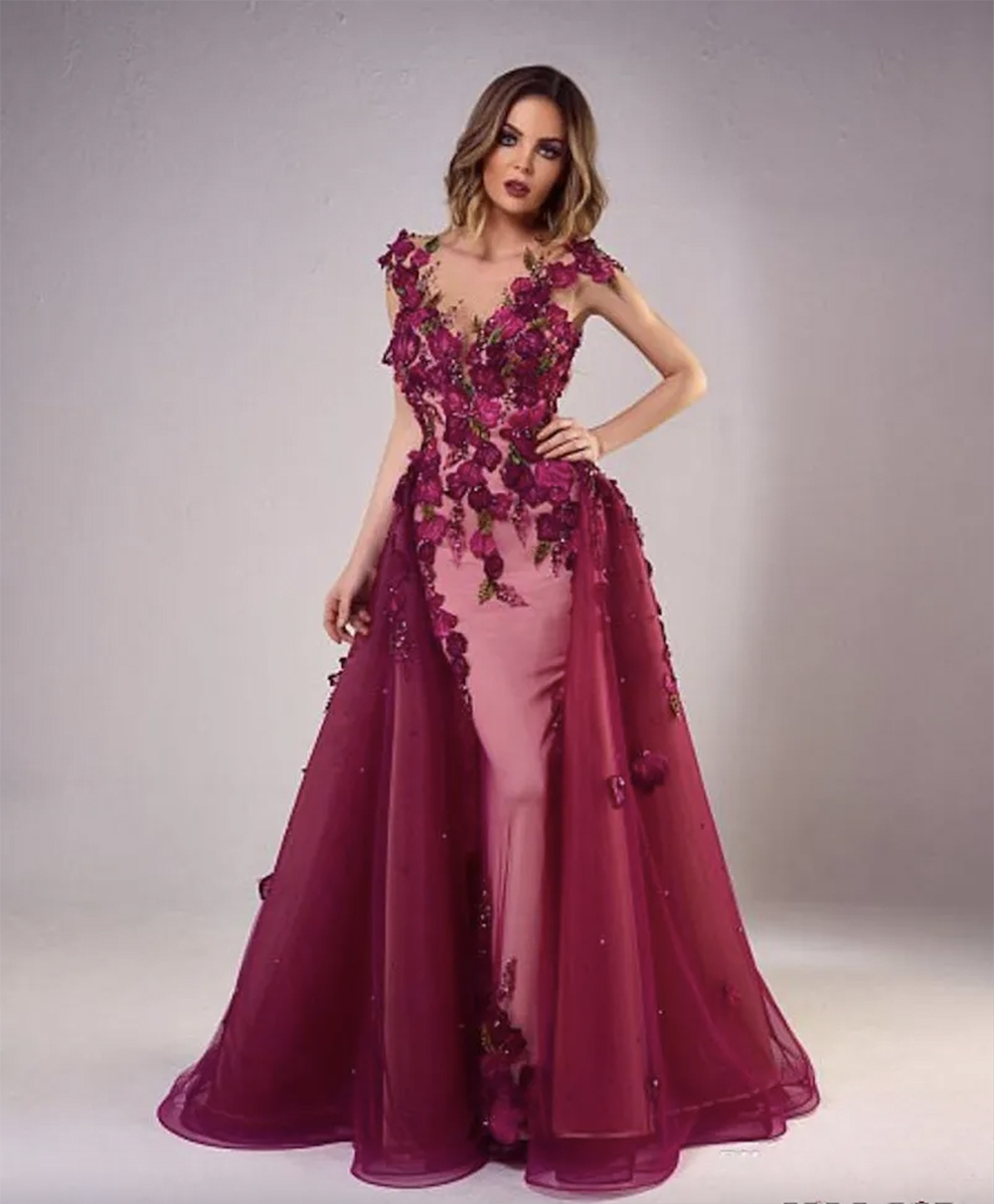 New Tony Chaaya Evening Dresses With Detachable Train Burgundy Beads Mermaid Prom Gowns Lace Applique Sleeveless Luxury Party Dress