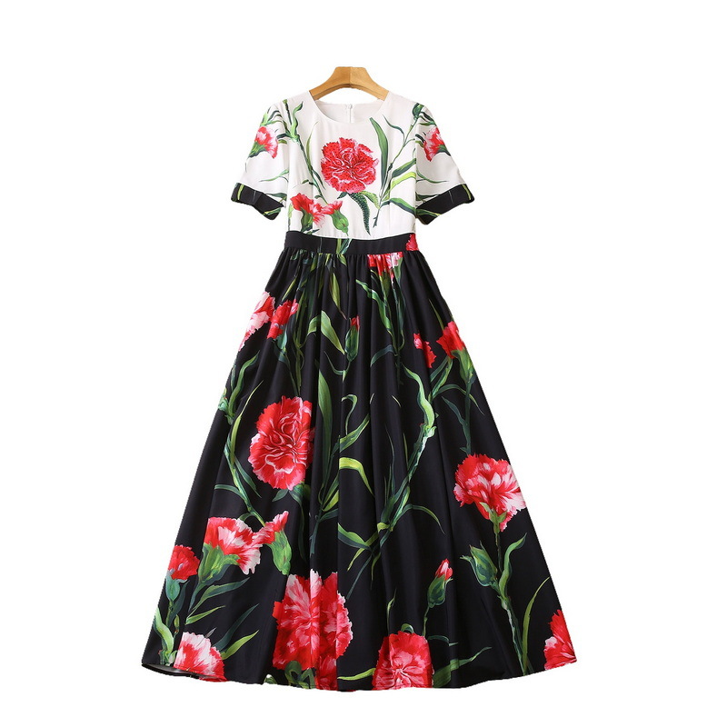 2023 Zomer Wit Zwarte Black Bloemprint Pansen Katoenen Jurk Korte Mouw Ronde Hals Hot Boren Lange Maxi Casual Jurken S3W090505