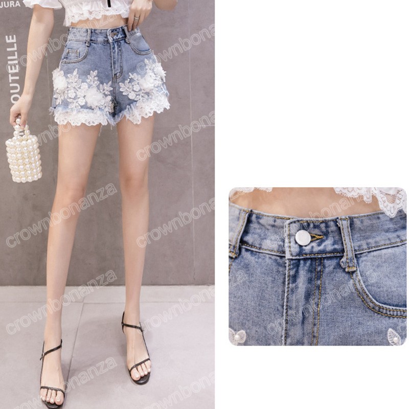 Short en Denim brodé de fleurs pour femmes, Sexy, taille haute, dentelle, Patchwork, jambes larges, coréen, été, 2023