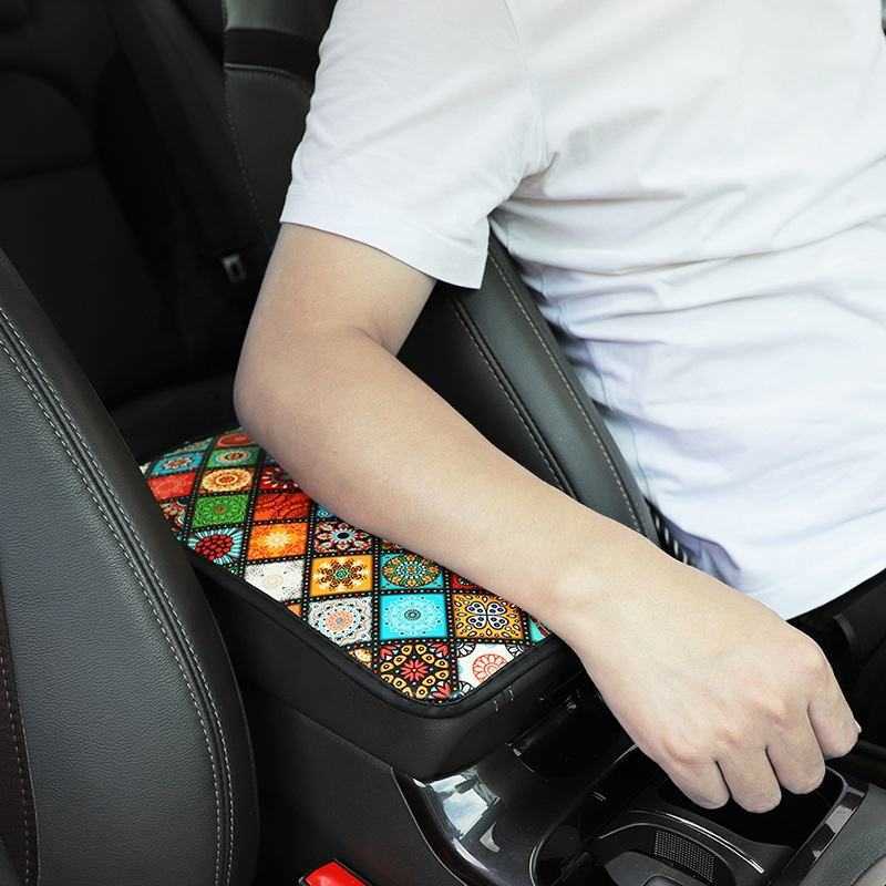 New Universal Car Armrest Cover Mat Leather Ethnic Style Print Waterproof Non-slip Storage Box Pad Auto Styling Interior Accessories