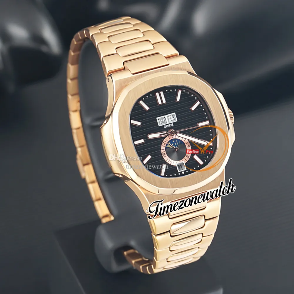 Ny 5726 5726/1A 5726/1A-001 Svart textur Dial Asian 2813 Automatisk herrklocka Fas Moon Rose Gold Case Armband Perpetual Calendar Watches TimeZoneWatch Z01
