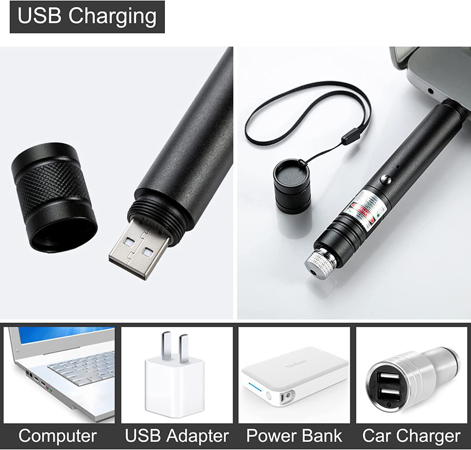 710 USB -laddare laserpekare grönt ljus 532nm justerbar fokus laserpenna med boxpaket