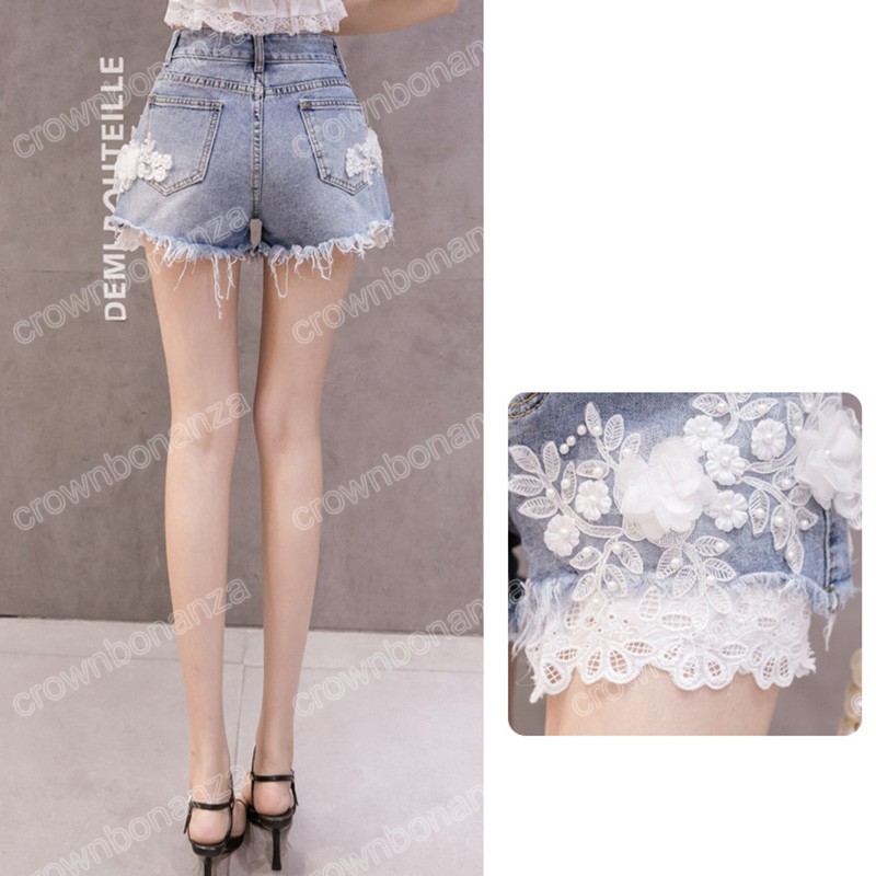 Sexy Hotpants Blume Stickerei Denim Shorts 2023 Sommer Frauen Koreanische Hohe Taille Spitze Patchwork Breite Bein Kurze Jeans