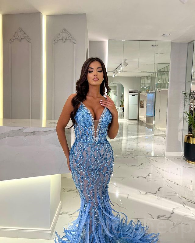 2023 May Aso Ebi Crystals Mermaid Prom Dress Feather Sequined Lace Evening Formal Party Second Reception Birthday Engagement Gowns Dresses Robe De Soiree ZJ520