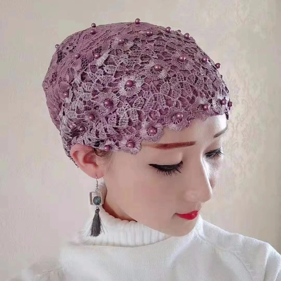Mode kvinnor pärlor foral spets turban cps andningsbara sommar muslimska hattar kvinnliga huvudduk