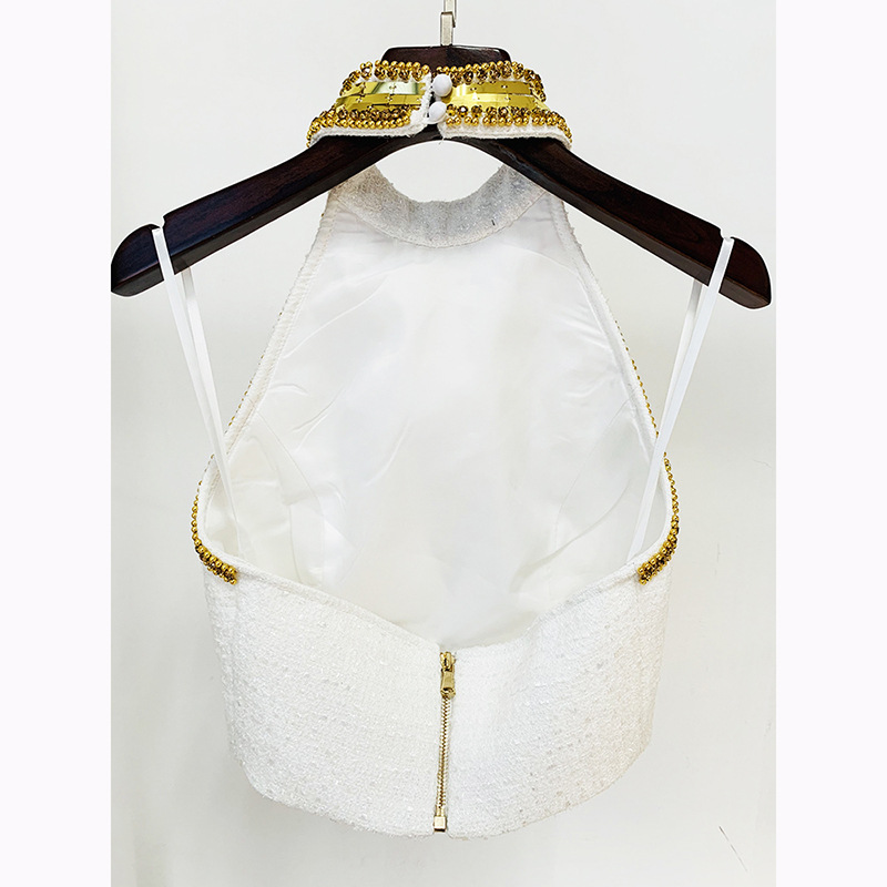 T112 Woolen Halter Vest Fashion Rhombic Tablet Diamond Round Neck Heavy Work Top Sexy Elegant Women High Quality Zipper Clothes