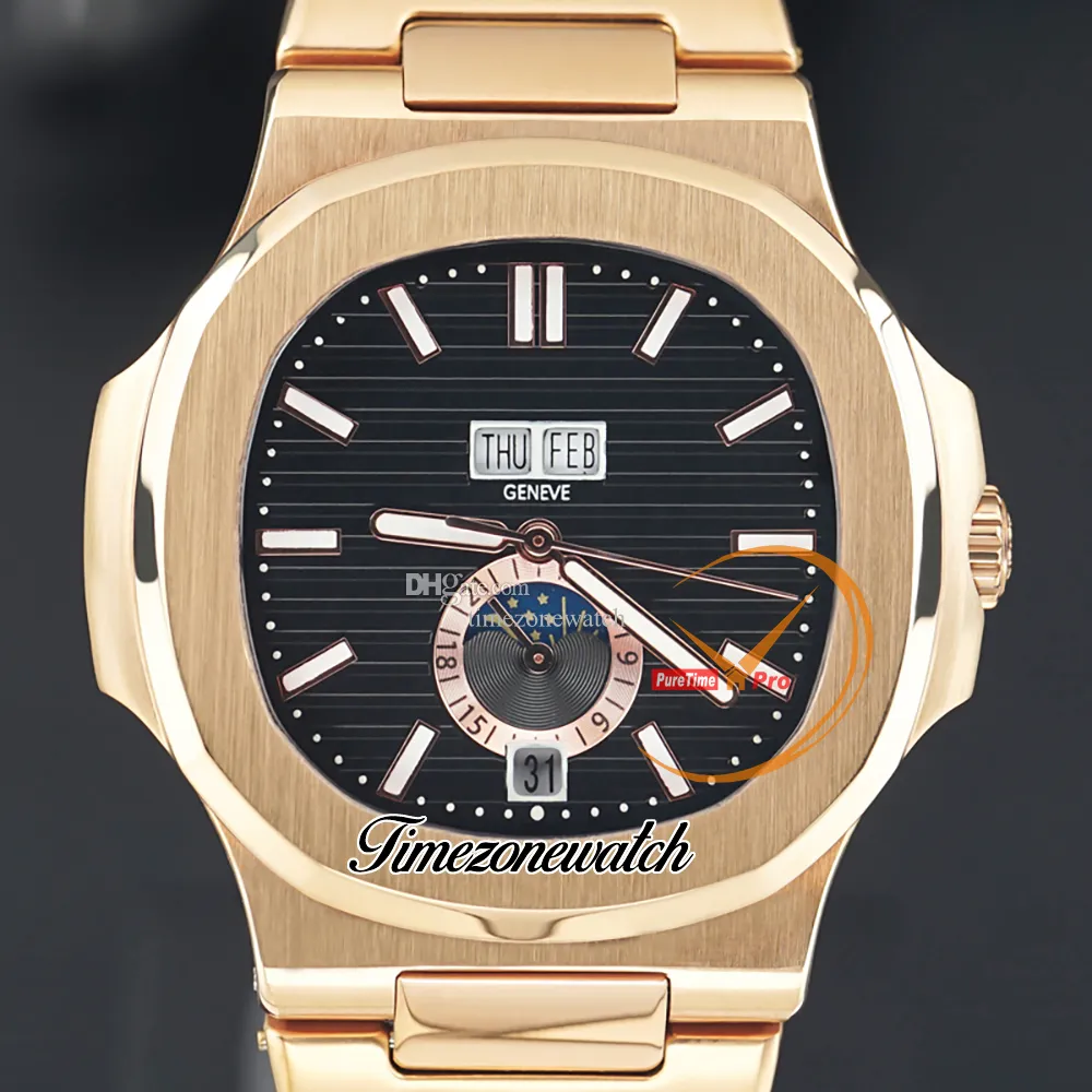 Ny 5726 5726/1A 5726/1A-001 Svart textur Dial Asian 2813 Automatisk herrklocka Fas Moon Rose Gold Case Armband Perpetual Calendar Watches TimeZoneWatch Z01