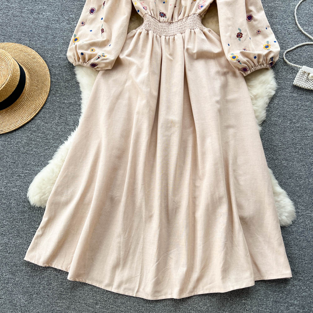 Casual Dresses Slash Neck A-line Dress Women Spring Summer Embroidery Elastic Waist Long Sleeve Solid Color Casual Clothes Vestidos 2023