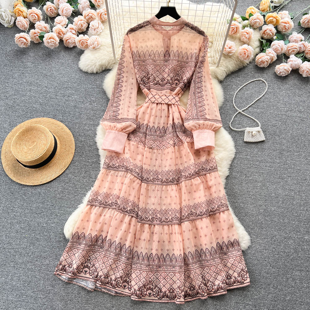 Casual Dresses New Fashion Palace Printed Dress Women Spring Summer Long-sleeved Single-breasted Party Clothes Vestidos De Fiesta 2023