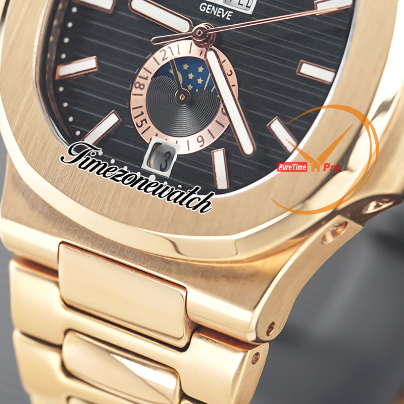 NIEUW 5726 5726/1A 5726/1A-001 Zwarte textuur wijzerplaat Aziatische 2813 Automatische heren Watch Fase Moon Rose Gold Case Bracelet Sport Perpetual Calendar Watches TimeZoneWatch Z01
