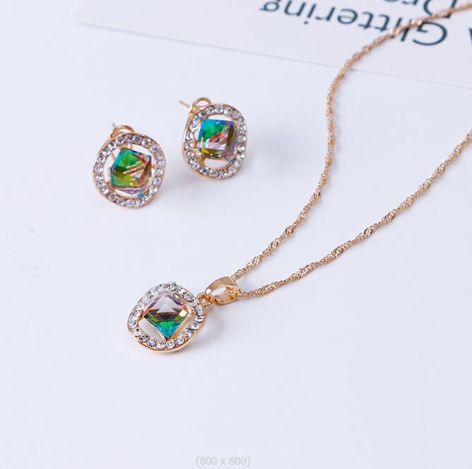 European American simple Cubic block bride water drill drop Earrings Necklace set 2-piece wedding jewelry fashion classic exquisite jewelry