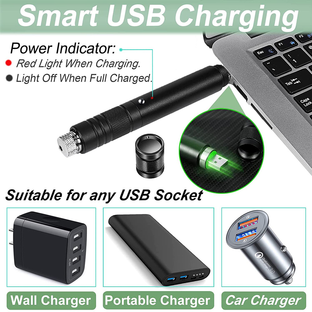 Cargador USB 710 Punteros láser Luz verde 532nm Bolígrafo láser de enfoque ajustable con paquete de caja