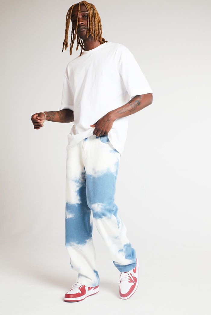 New men's pants loose water wash straight tie dye denim trousers