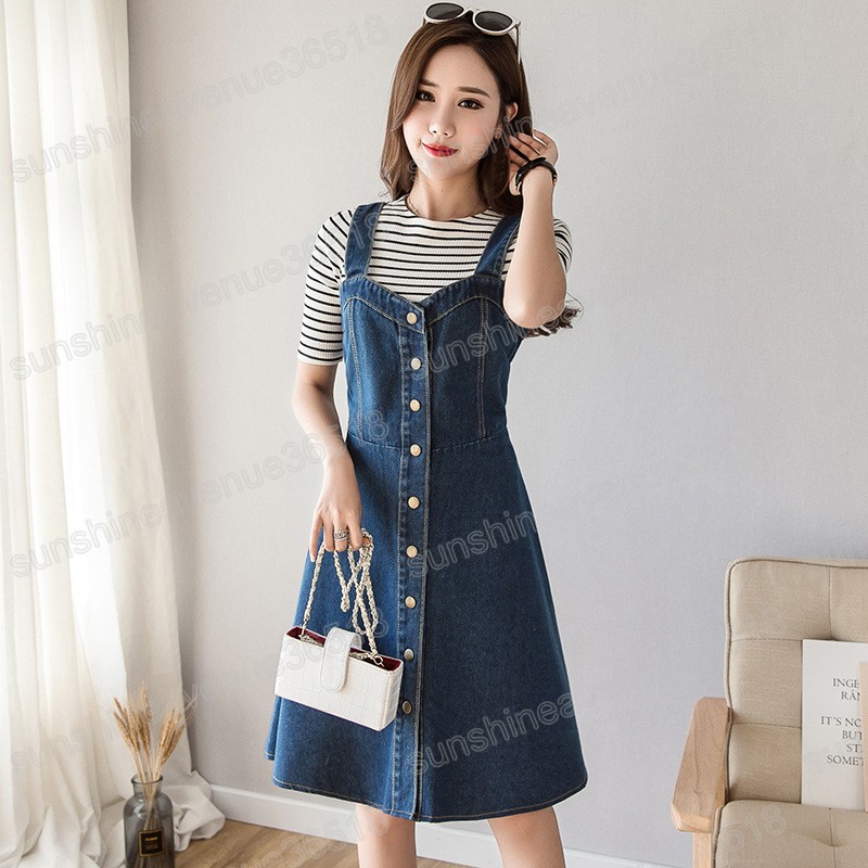 Oversize Overalls Dresses Women Spring Summer Fashion Sleeveless Strap Denim Dress Teen Girl Korean Blue Jeans Dress Knee Length