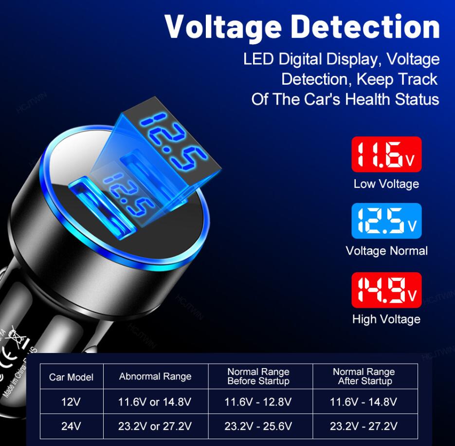 Универсальный светодиодный дисплей Dual Ports Car Charger 3.1a 12W Зарядные устройства для iPhone 12 13 14 Samsung Huawei Plabt PC с розничной коробкой