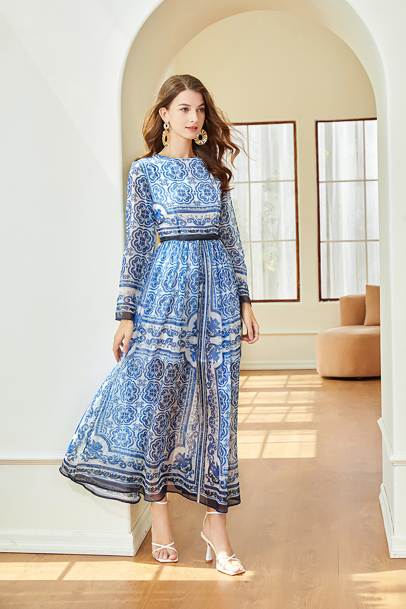 Casual Dresses Fashion Runway Classic Blue and White Porcelain Print Maxi Dress Women Long Sleeve Vintage Casual Chiffon Long Vestidos 2023