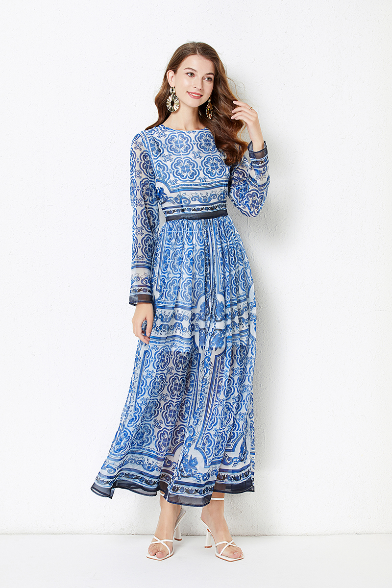 Casual Dresses Fashion Runway Classic Blue and White Porcelain Print Maxi Dress Women Long Sleeve Vintage Casual Chiffon Long Vestidos 2023