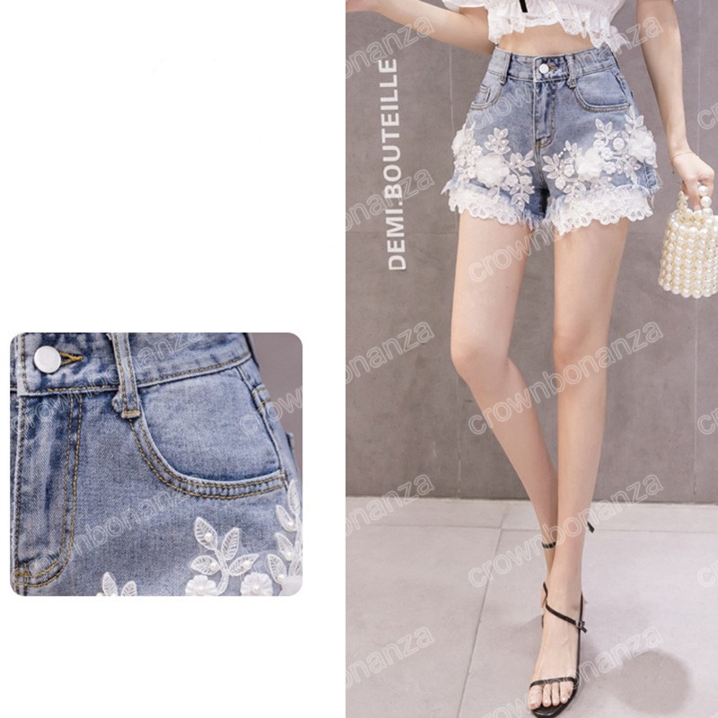 Sexy Hotpants Blume Stickerei Denim Shorts 2023 Sommer Frauen Koreanische Hohe Taille Spitze Patchwork Breite Bein Kurze Jeans