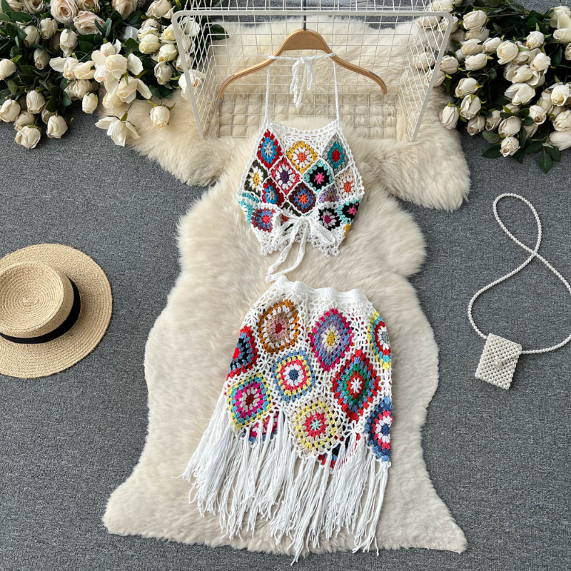 Two Piece Dress Summer Two Piece Set Women 2023 Summer New Patchwork Fashion Hook Flower Hollow Indie Folk Suits Camis + Mini Bodycon Skirts