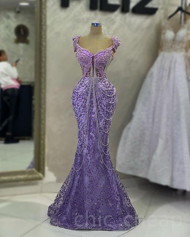 2023 Maj Aso Ebi Mermaid Lavender Prom Dress Pearls Crystals Evening Formal Party Second Reception Födelsedagsengagemang Klänningar Klänning Robe de Soiree ZJ259