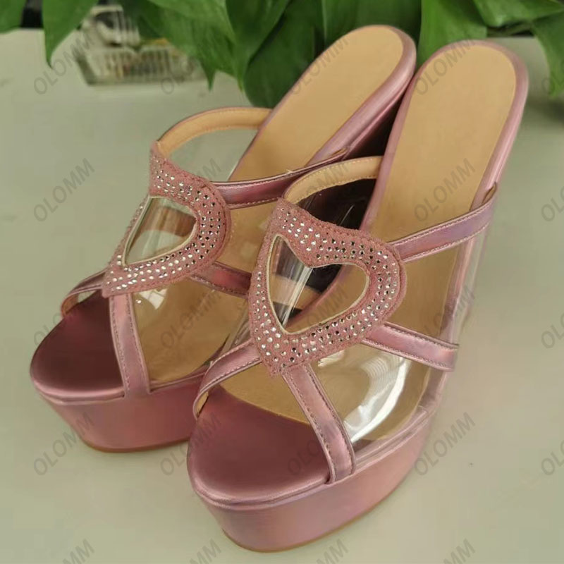 Olomm hecho a mano mujer plataforma Slingback sandalias cuñas de cristal tacones Peep Toe hermosos zapatos de Cosplay rosa US Plus tamaño 5-20