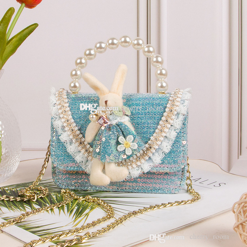 Sweet baby girls Pearl sequin handbag fashion children Lace 3D small rabbit One shoulder bag Kids plaid chain crossbody bags F1662