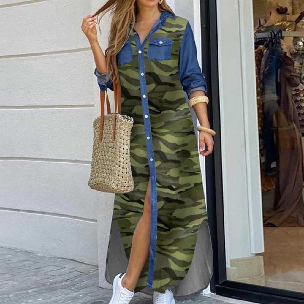 Party Dresses Autumn Long Dress Long Sleeve Shirt Women's Denim Long Dress Pocket Button Shirt Printing Casual Loose Dress P230515