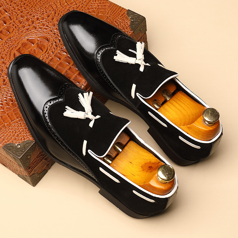 British Tassel Loafers Mens Leather Black Mens Shoes Business Casual Slip-on Dress Driving Chaussures en cuir