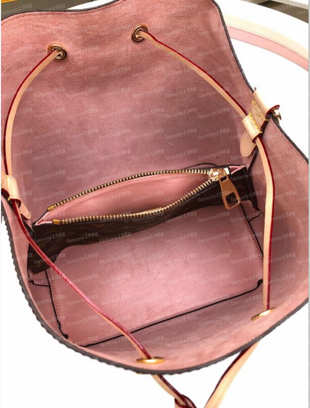 Neonoe Designer axelväskor hink handväskor crossbody dragstring väska n40344 mode shopping handväska ingen låda 10a kvalitet med dammväska brun blomma