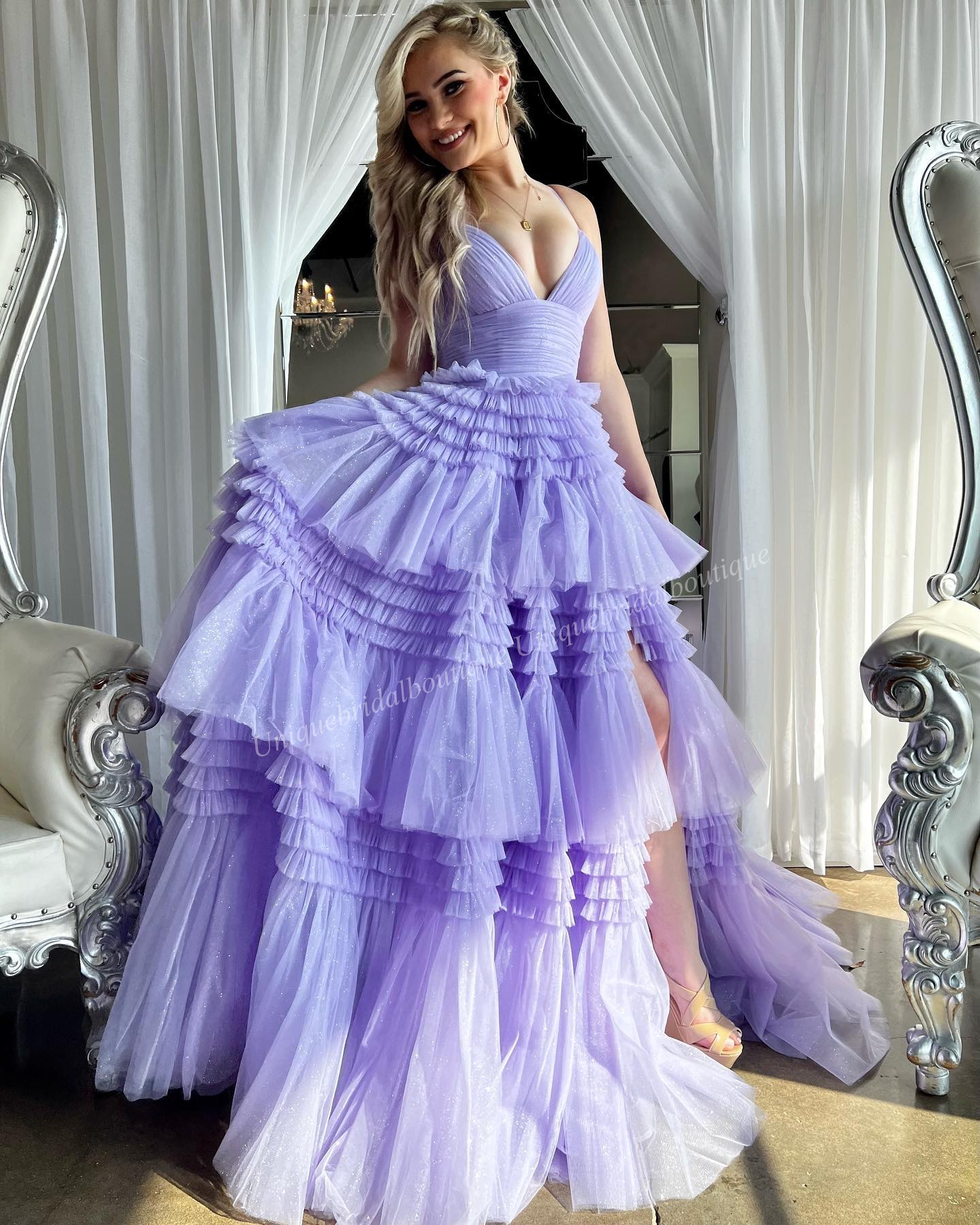 Ruffled Fitted Prom Dress Layers Glitter Tulle High Slit Skirt Lady Preteen Teen Girl Pageant Gown Formal Party Wedding Guest Red Capet Runway Lilac Pink Periwinkle