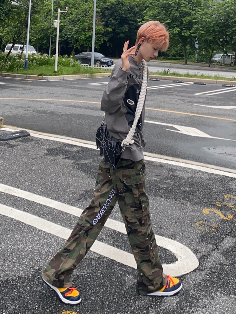 Camouflage Flare Pants Mens Hip Hop Clothing Cargo Streetwear Men High Street Military Trousers ME-612 Men