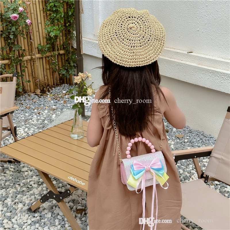 Bambini estivi unici borse di paillettes bambini Bowknot Chain Crossbody Borse Fashion Girls Burnfly Pearl Single Occhy F1661