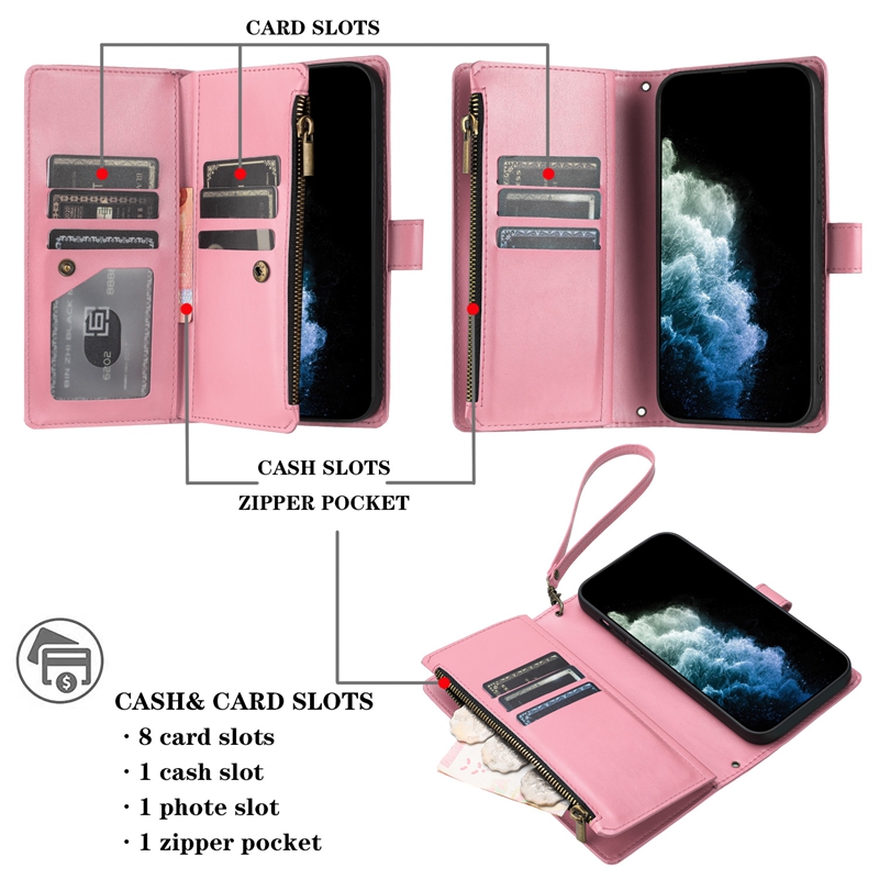 Multifunktionella läderplånbok Fall för iPhone 15 14 Pro Max 13 Plus 12 11 X Xs XR 8 7 6 Affär Cash Money Pocket Pocket Pocket Id-kortplats Hållare Flip Cover Telefonväska Rem
