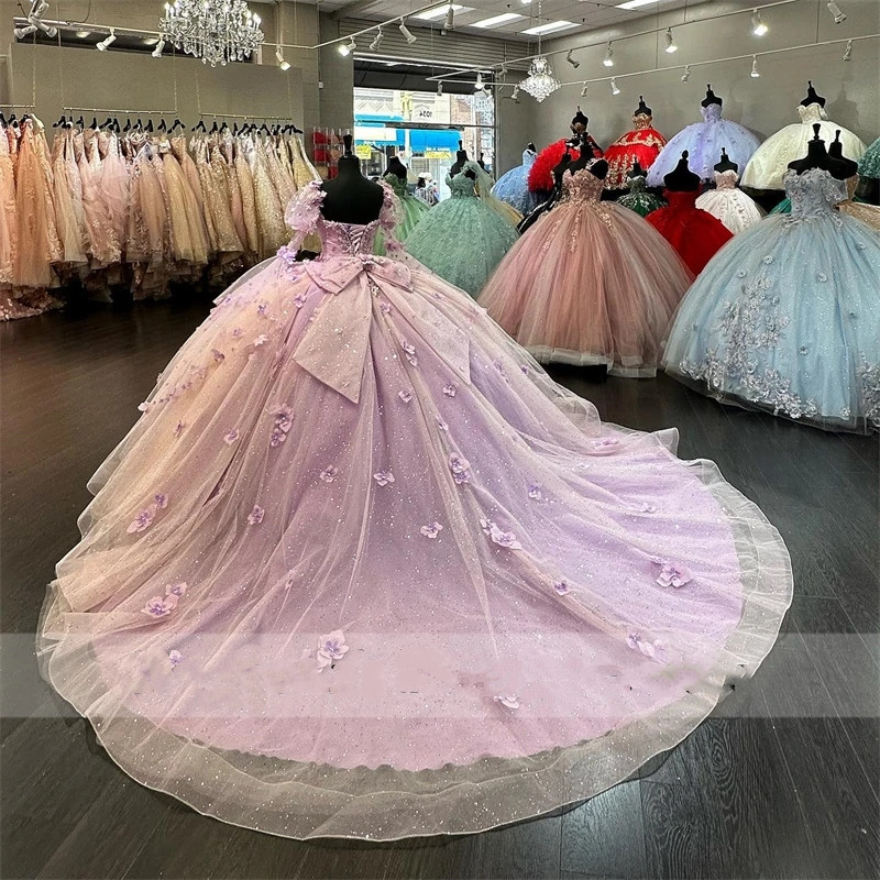 2023 Purple Flowers Quinceanera Dresses Bow Two Sleeves Appliques Crystal Sweet 15th Prom Party Gowns Luxury Vestidos