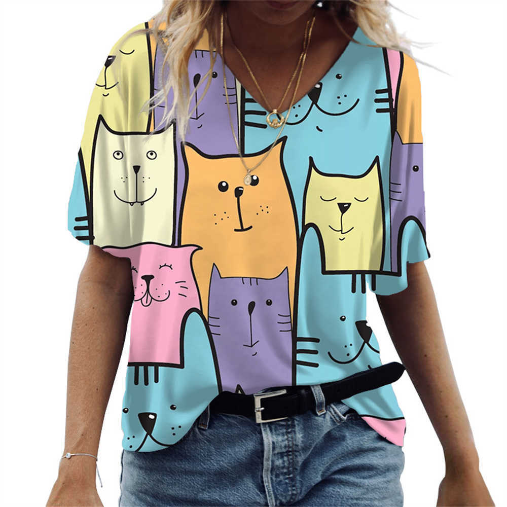 Damen T-Shirt Damen T-Shirt Cartoon Katze Print Sommer Kurzarm V-Ausschnitt Kaii Mode Casual T-Shirts Kätzchen Lustige Weiblichkeit Kleidung P230515