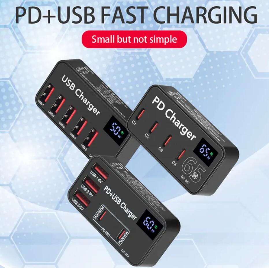 Multi Portable USB Charger Mini 5 Port USB C PD Laptop Charger 60W 65W Multi USB Wall Charger för mobiltelefon