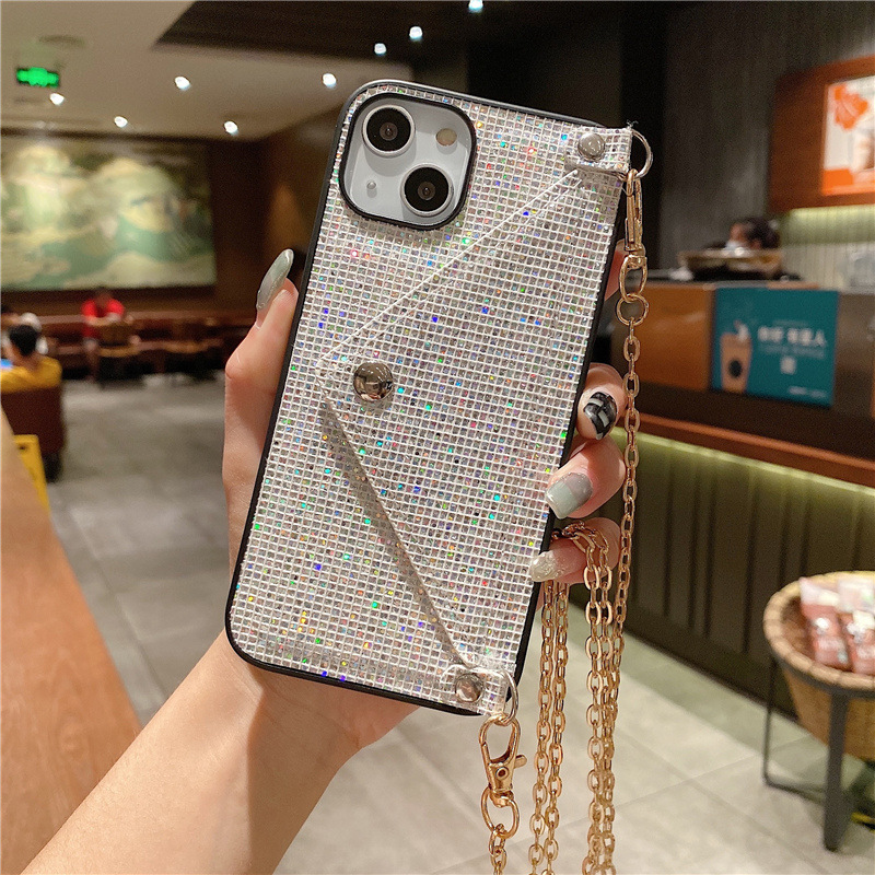 Card bag Insert card envelope iphone13 phone case Creative flash drill oblique body rope iphone14 phone case suitable