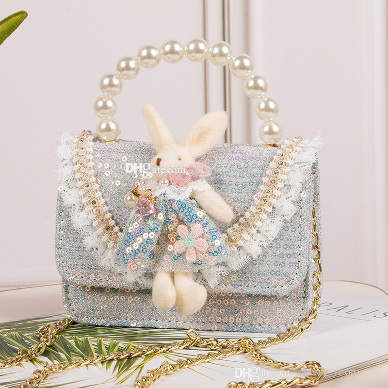 Sweet Baby Girls Pearl Sequin Handsbag Fashion Enfants Lace 3D Small Rabbit One Bager Sac Kids Plaid Chain Crossbody Body Sacs F1662