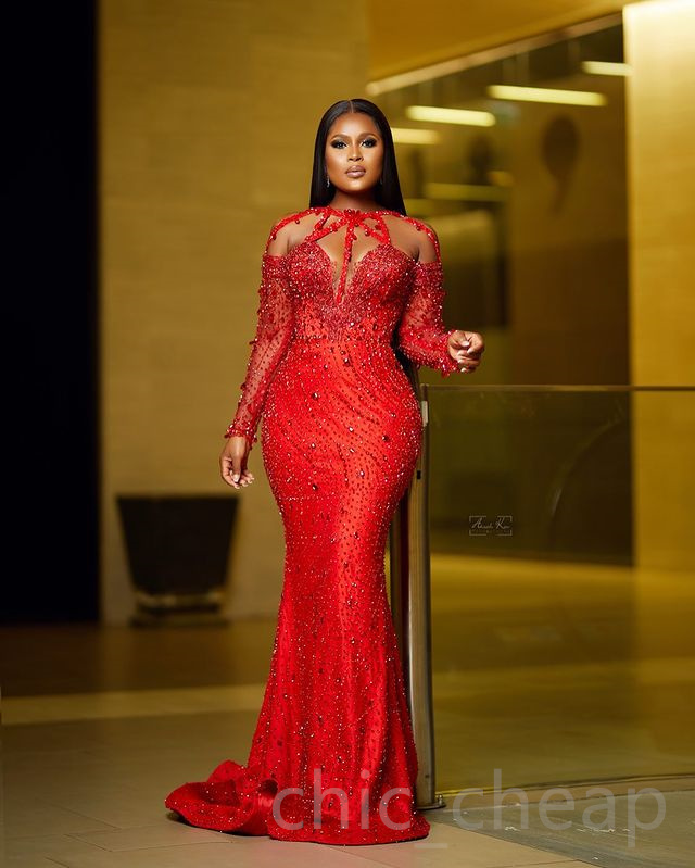 2023 Mai Aso Ebi Sirène Robe De Bal Rouge Cristaux Perlés Sexy Soirée Formelle Deuxième Réception Anniversaire Robes De Fiançailles Robe Robe De Soirée ZJ268