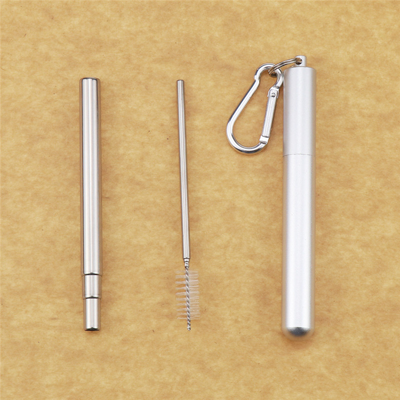 Reusable Stainless Steel Straws with Aluminum Keychain Case Cleaning Brush Collapsible Telescopic Portable Drinking Straw