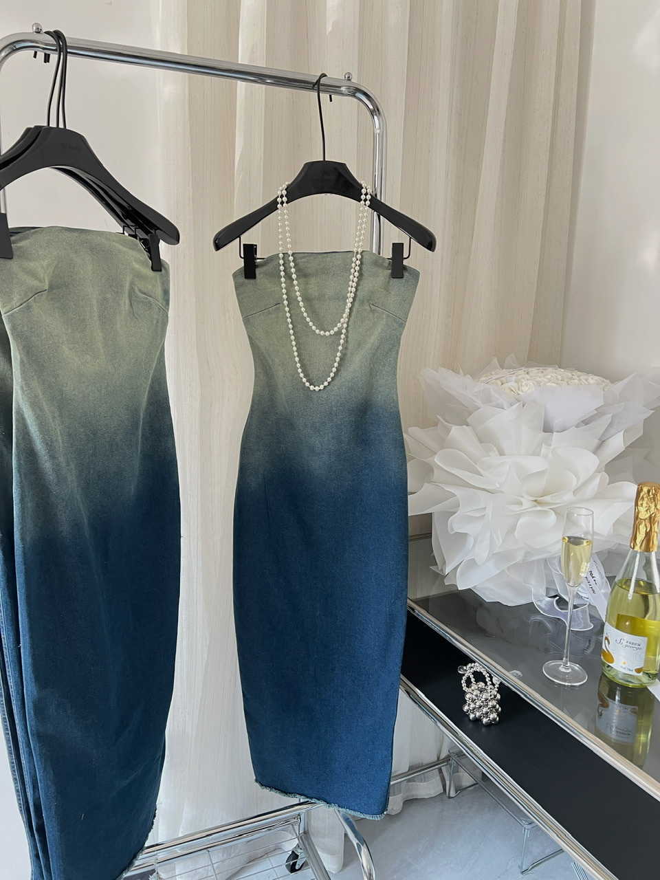 Casual Dresses Stretch Gradient Color Sleeveless Slim Denim Dress For Women Lady Streetwear Summer Strapless Bodycon Long Dress P230515